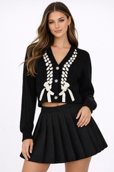 Braided Ribbon Cropped Cardigan Sweater
