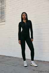 Long-Sleeve Henley Seamless Ribbed Jumpsuit
