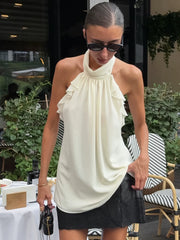 Backless Tops欧美女士背心挂脖露背荷叶边上衣春夏百搭时尚