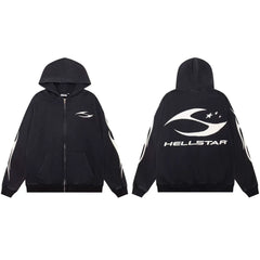 Hellstar Spiked Logo & Flame Zip-Up Black Hoodie