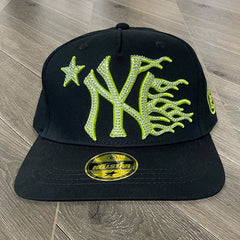 Hellstar Rhinestone NY Flame Logo Snapback Hat - Black/Neon Green
