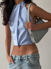 European and American women's vest, backless, hanging neck, blue striped exquisite top, 2025 autumn fashion