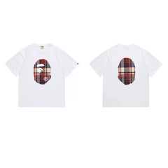 BAPE Style Tartan Plaid Ape Head Short-Sleeve Tee - White
