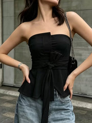 Summer Tops欧美女士背心夏季时尚抹胸收腰系带修身短上衣个性