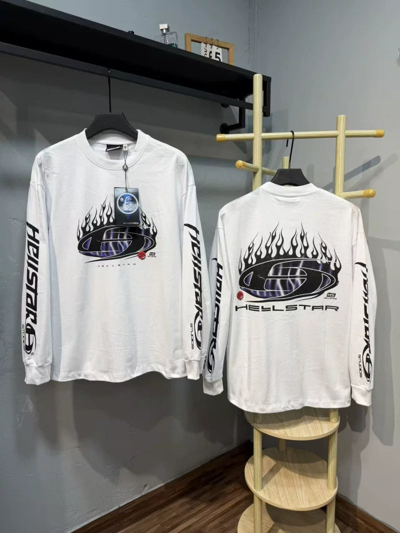 Hellstar Flame Globe Graphic Long Sleeve Tee - White