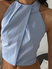 European and American women's vest, backless, hanging neck, blue striped exquisite top, 2025 autumn fashion