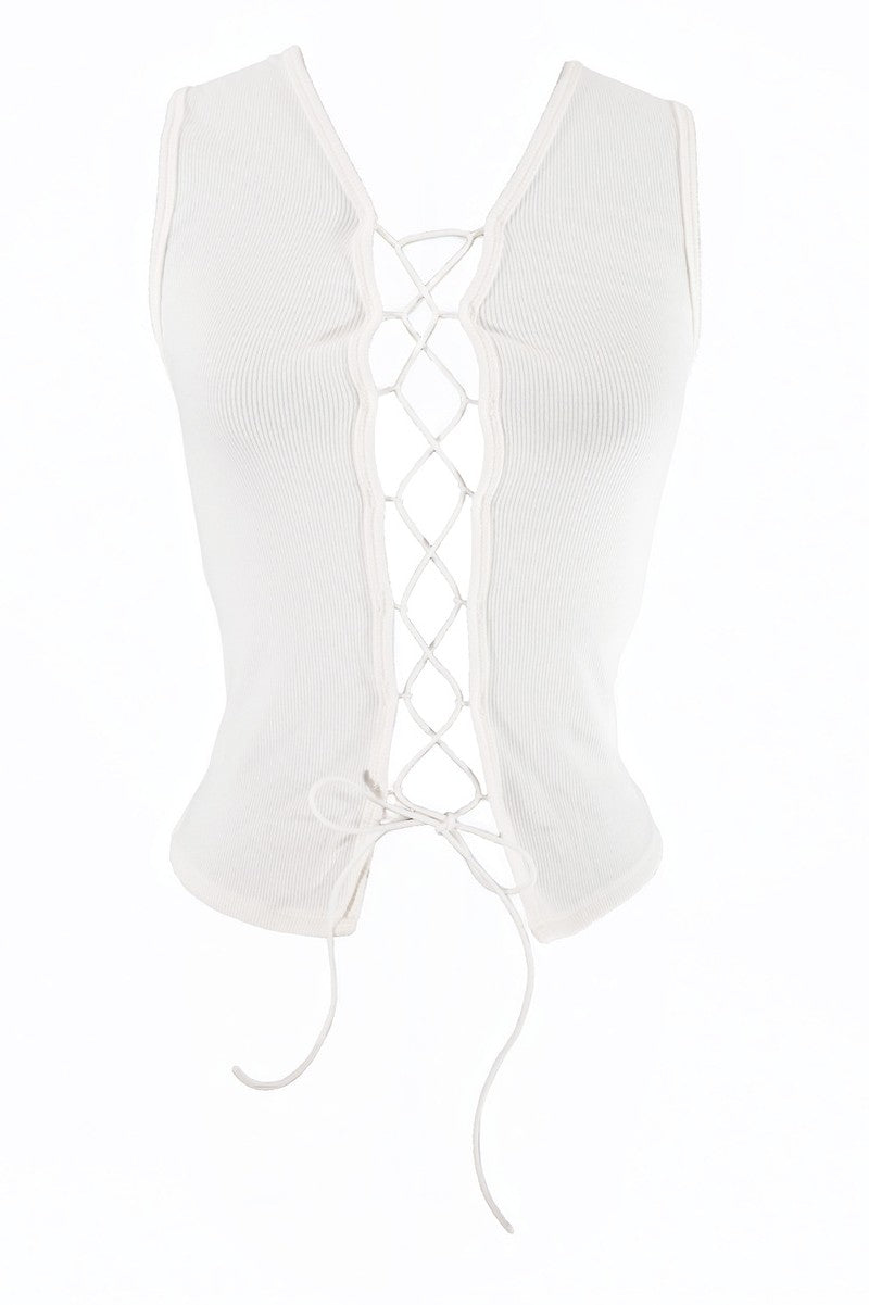 Sleeveless Lace-Up V-Neck Top