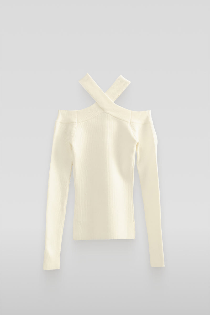 Ribbed Off-The-Shoulder Halter Sweater-Knit Top