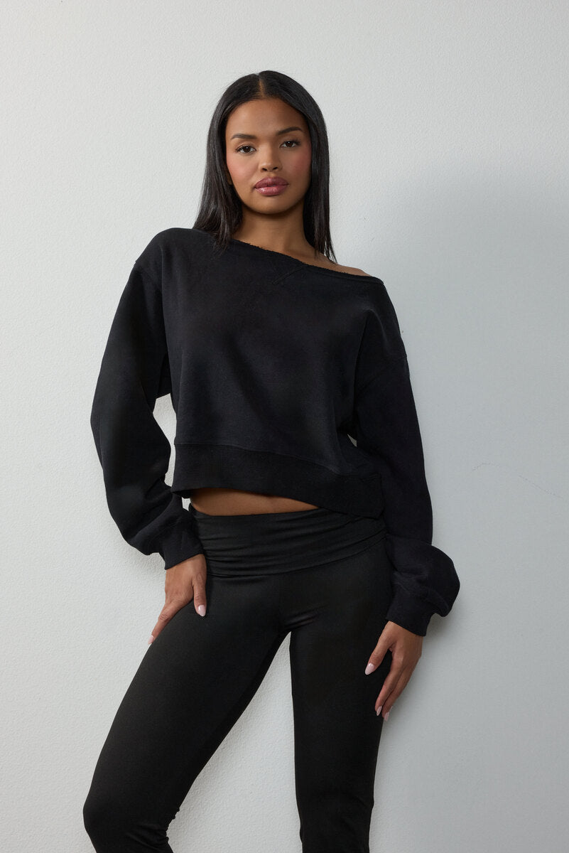Off-The-Shoulder Cropped Fleece Pullover