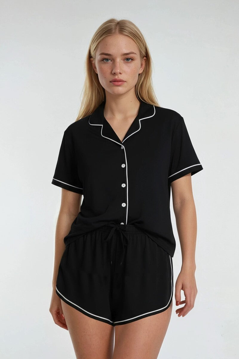 Piped-Trim Top & Shorts Pajama Set