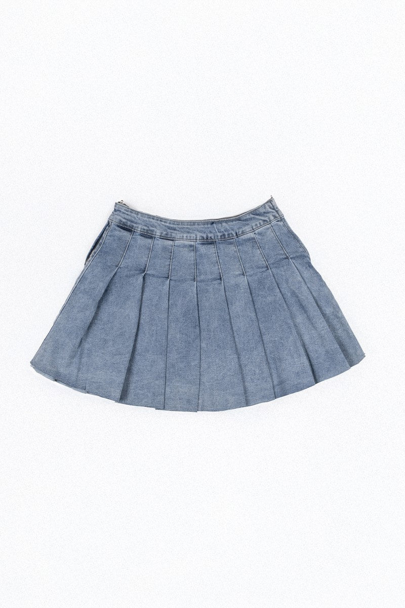 Pleated Denim Mini Skirt