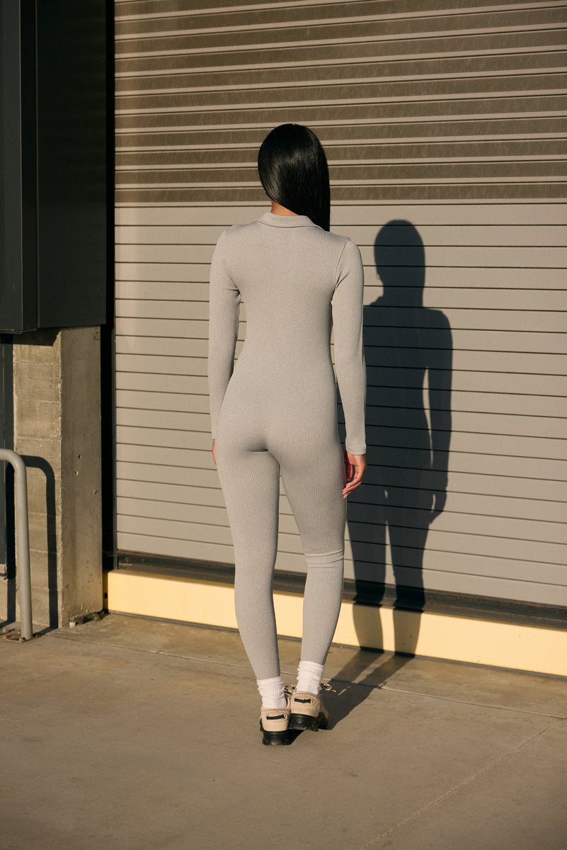 Long-Sleeve Henley Seamless Ribbed Jumpsuit