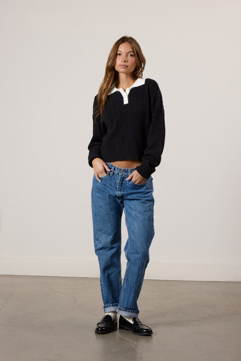 Contrast Henley Cable Knit Sweater