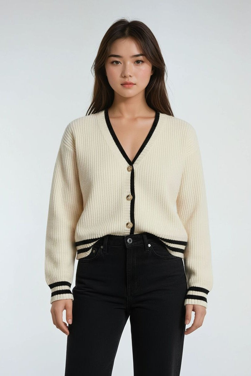 Oversized Contrast-Trim Ribbed Cardigan