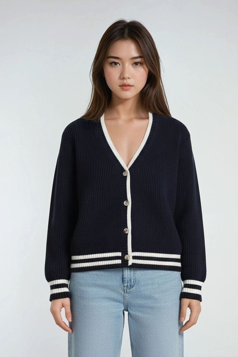 Oversized Contrast-Trim Ribbed Cardigan