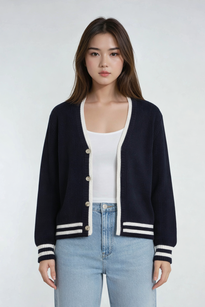 Oversized Contrast-Trim Ribbed Cardigan
