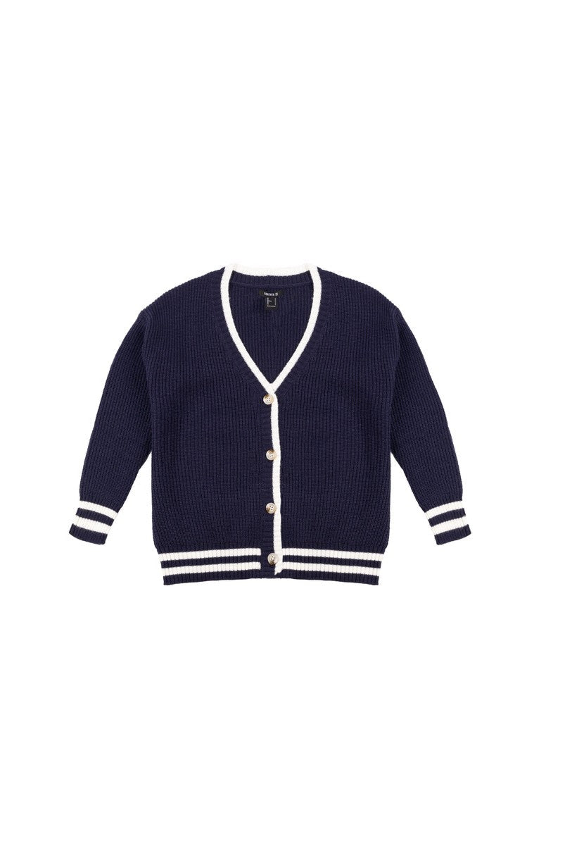 Oversized Contrast-Trim Ribbed Cardigan