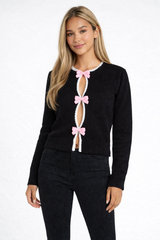 Velvet Bow Open-Front Knit Sweater
