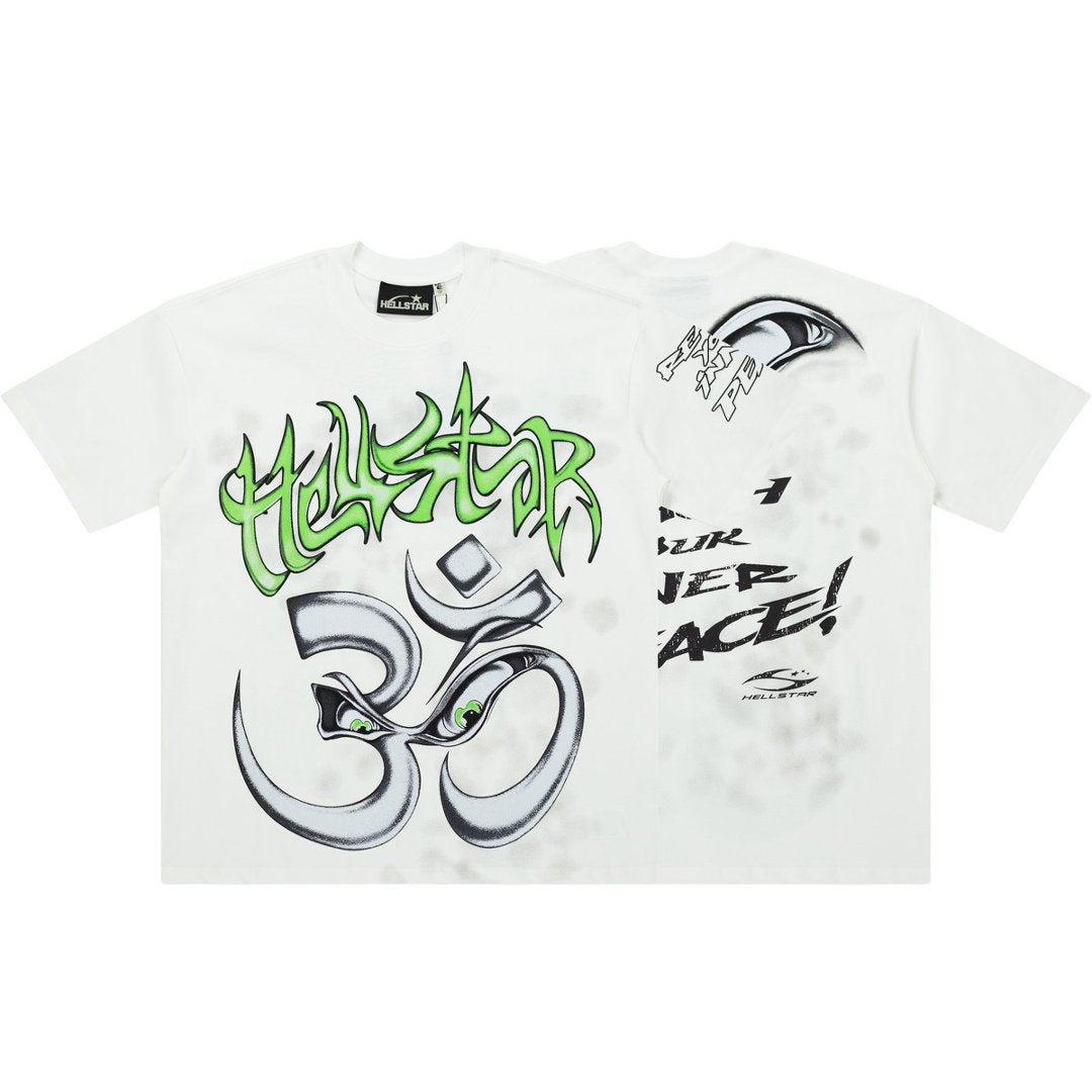 Hellstar Om Symbol Green Graffiti White Tee