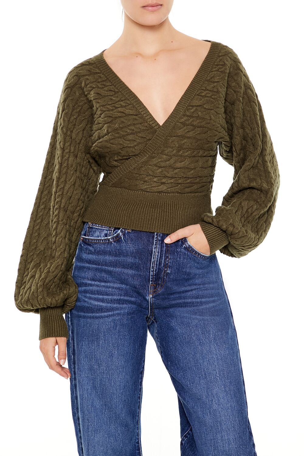 Peasant-Sleeve Cable Knit Sweater