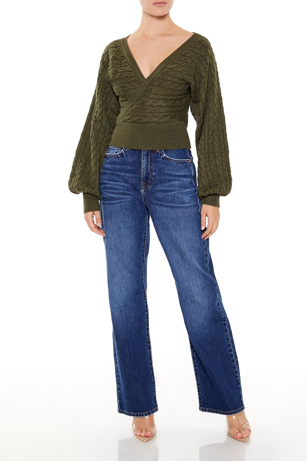 Peasant-Sleeve Cable Knit Sweater