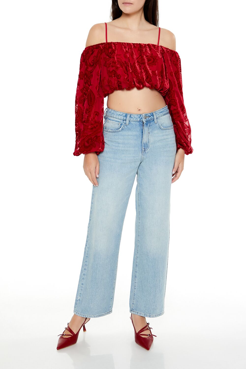 Paisley Open-Shoulder Crop Top