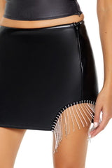 Faux Leather Rhinestone-Fringe Mini Skirt