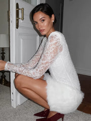 Lace Dress欧美女士连衣裙性感蕾丝长袖拼接毛绒短裙秋冬温暖