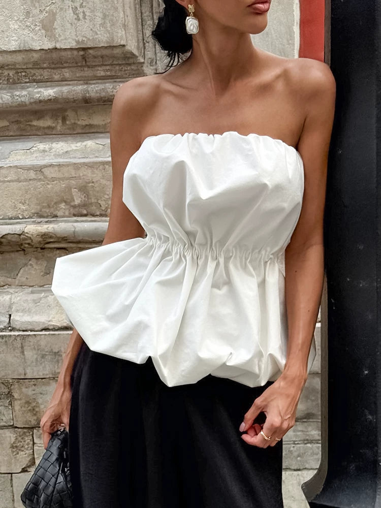 Fashion Tops欧美女士上衣白色围裹泡泡抹胸上衣时尚百搭设计感