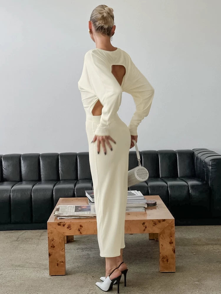 Backless Dress欧美女士连衣裙性感露背圆领长袖修身长裙