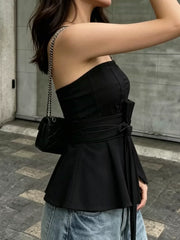 Summer Tops欧美女士背心夏季时尚抹胸收腰系带修身短上衣个性