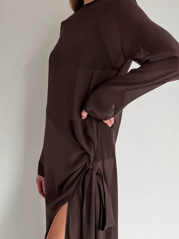Women Dress欧美女士连衣裙圆领长袖款式薄纱长裙开叉半透裙子