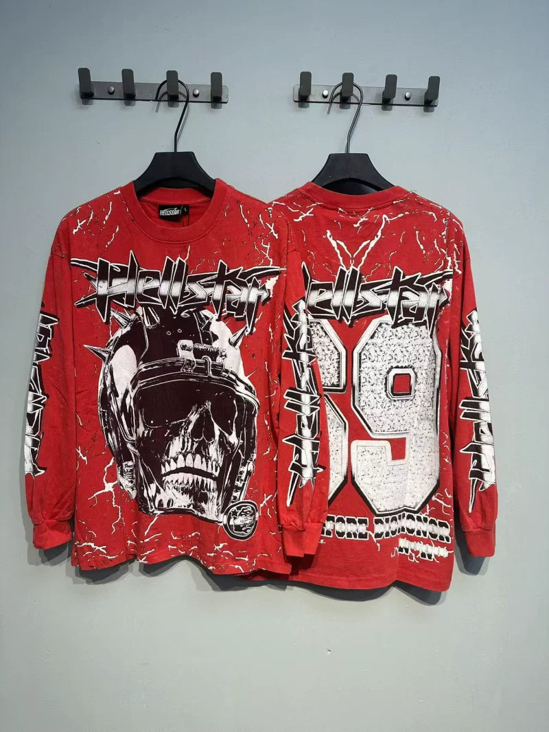 Hellstar Skull Number 69 Graphic Long Sleeve Tee - Red