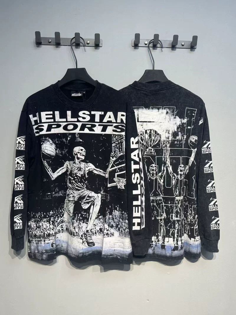 Hellstar Sports Basketball Graphic Long Sleeve Tee - Washed Black