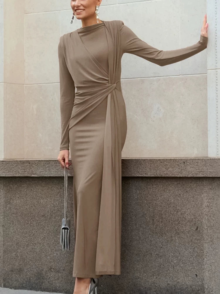 Elegant Dress欧美女士极简风连衣裙时尚圆领长袖不对称优雅长裙