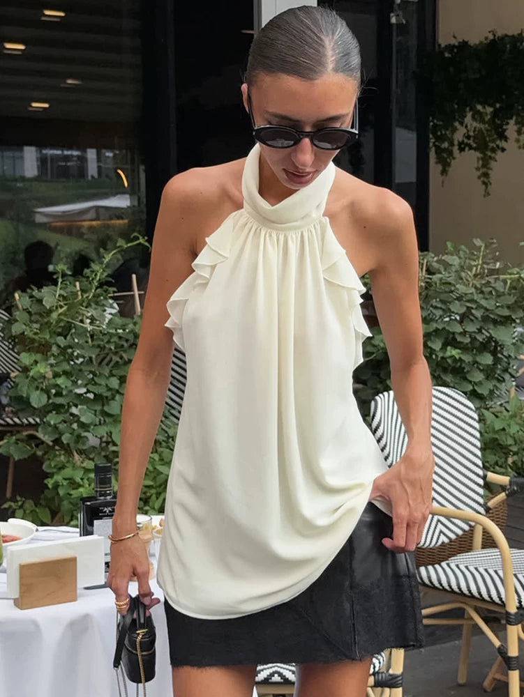 Backless Tops欧美女士背心挂脖露背荷叶边上衣春夏百搭时尚