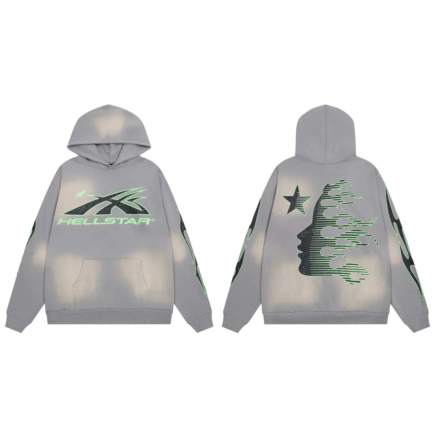 Hellstar Neon Green Spiked Logo & Face Grey Hoodie