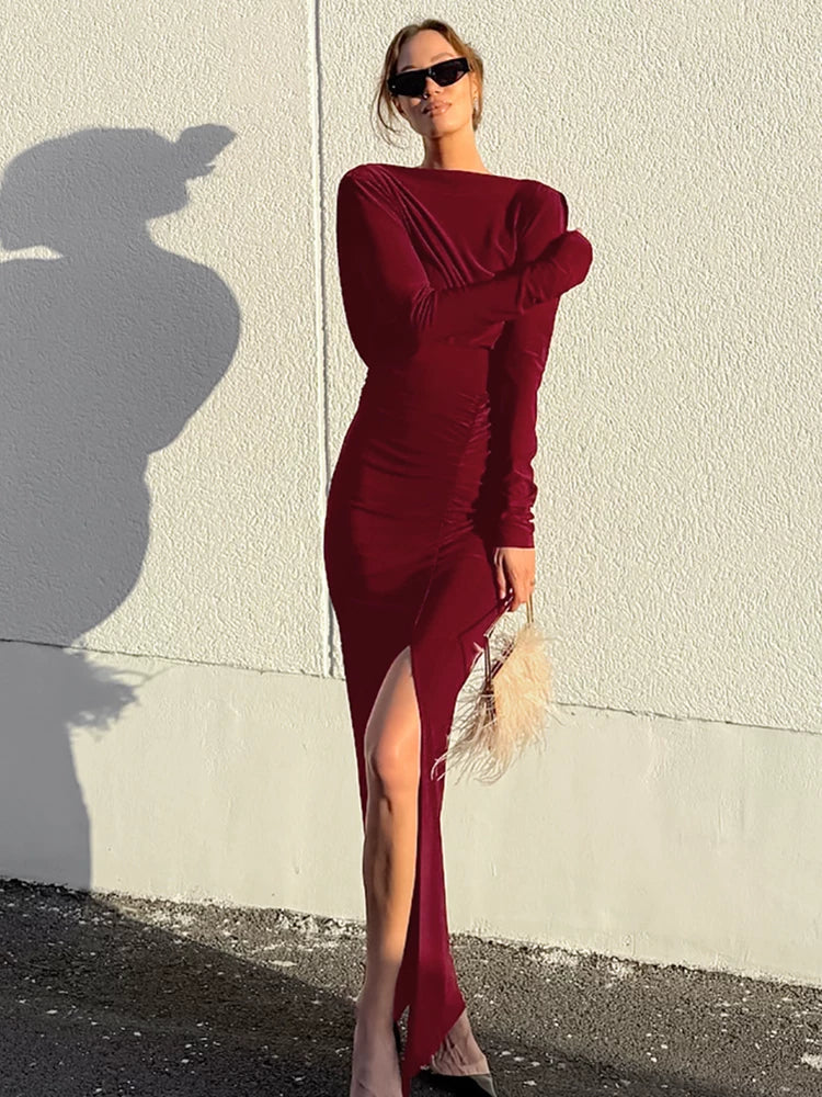 Backless Dress欧美女士连衣裙露背长袖性感长裙红色