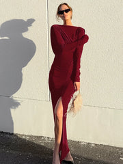 Backless Dress欧美女士连衣裙露背长袖性感长裙红色