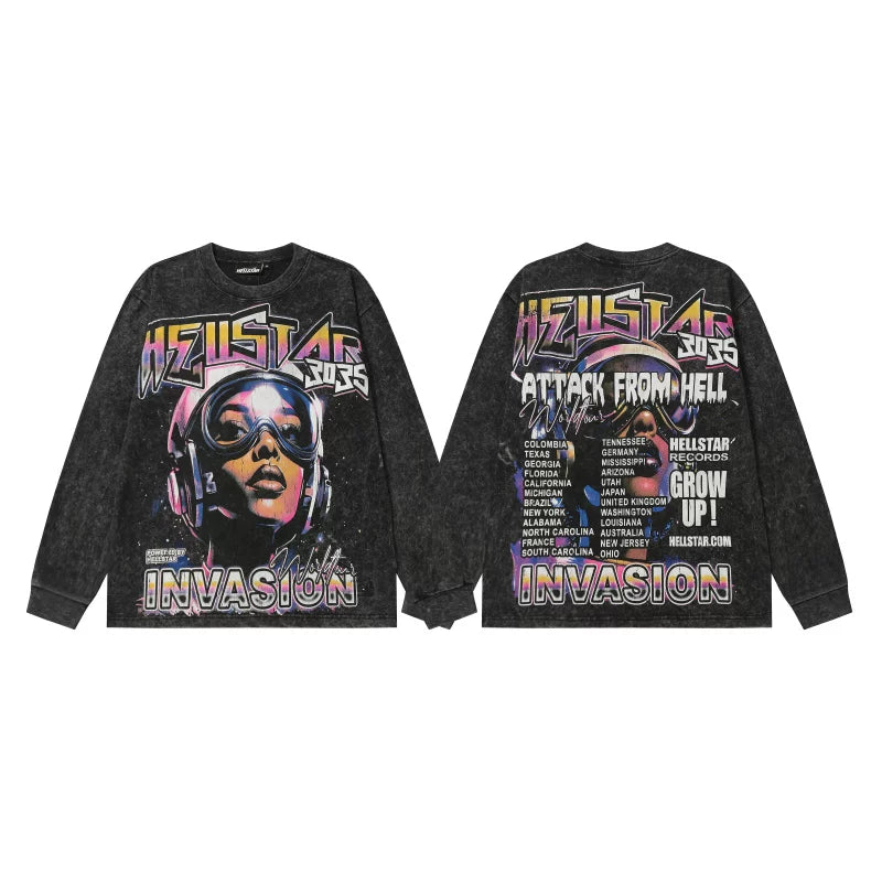 Hellstar Attack From Hell Invasion Graphic Long Sleeve Tee - Washed Black