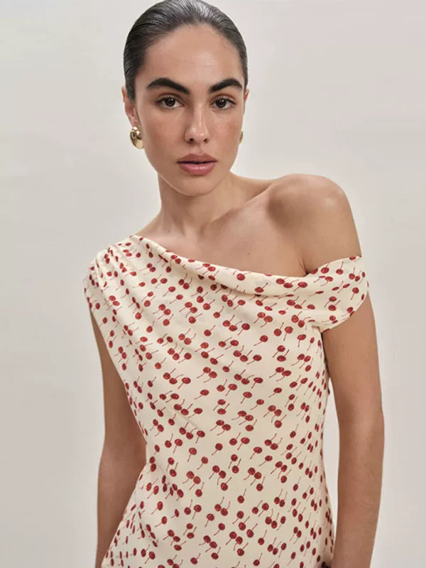 Reformation French niche cherry floral slant neck single shoulder slim fit sexy dress A-line short skirt