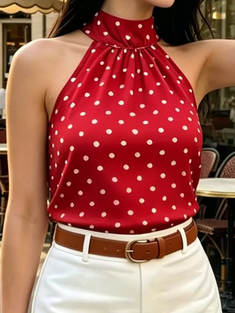 Summer Tops欧美女士背心时尚挂脖波点印花无袖上衣夏季百搭度假