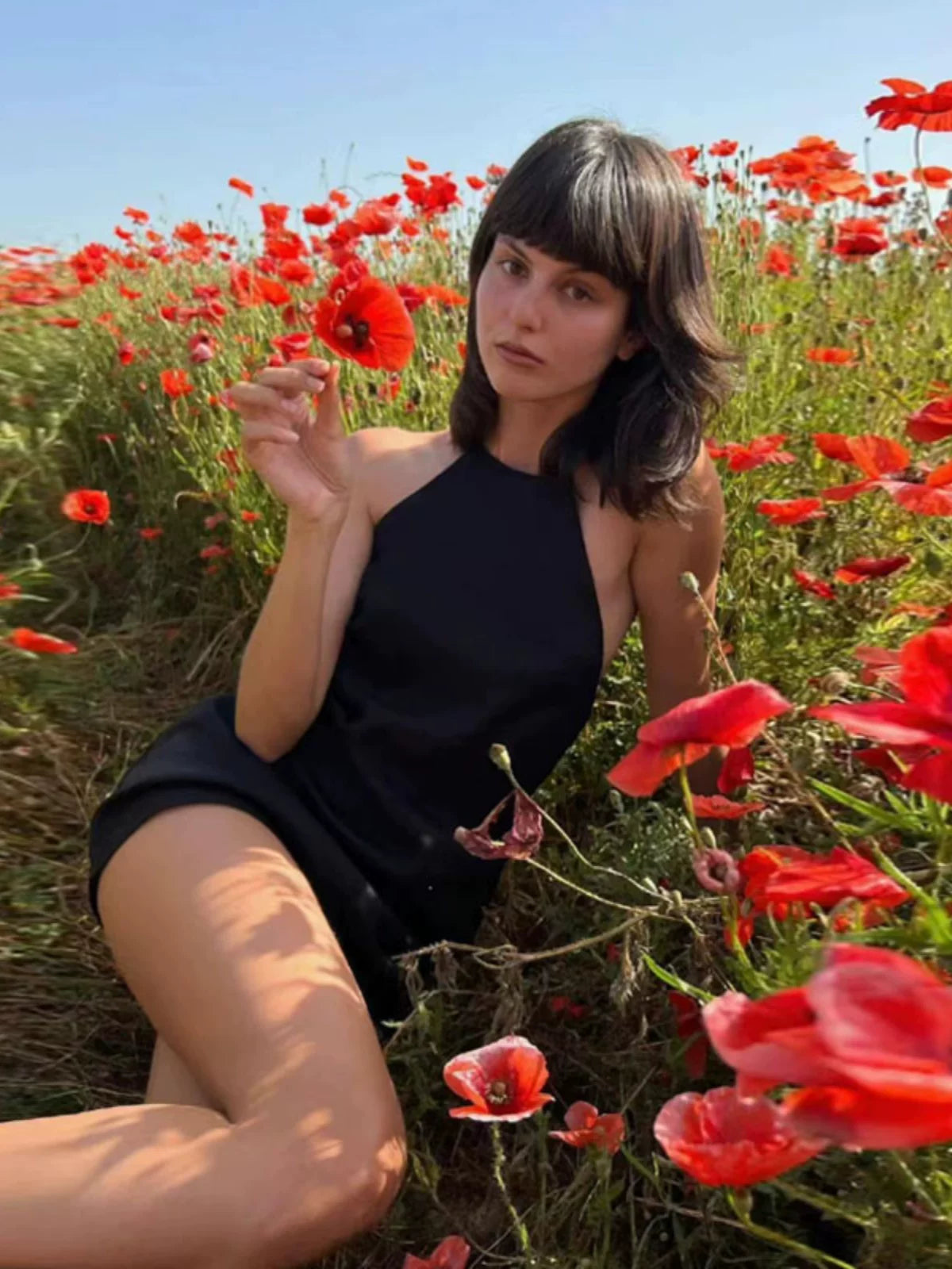 自制法式棉亚麻挂脖露背吊带连衣裙子早春新款泰式连衣裙小黑色裙