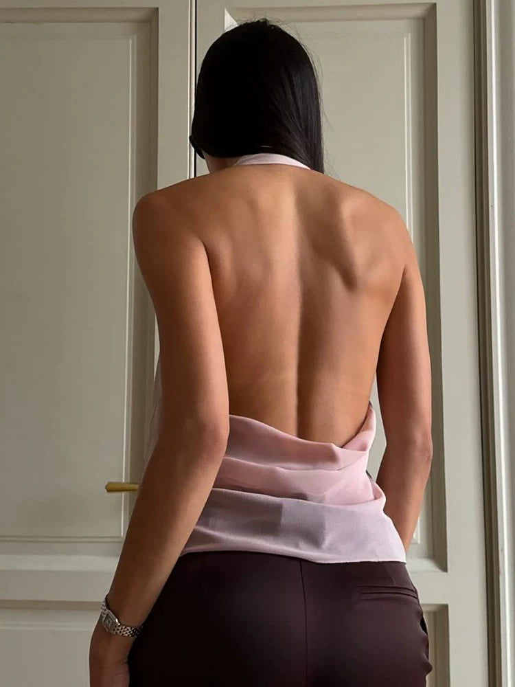 Fashion Tops欧美女士上衣性感露背V领挂脖时尚背心春夏百搭度假
