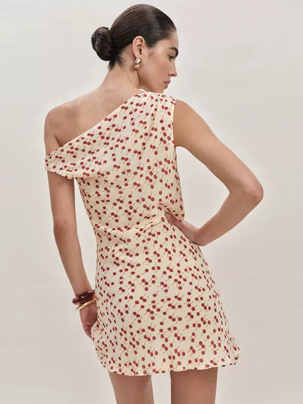 Reformation French niche cherry floral slant neck single shoulder slim fit sexy dress A-line short skirt