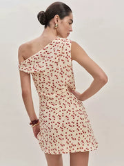 Reformation French niche cherry floral slant neck single shoulder slim fit sexy dress A-line short skirt
