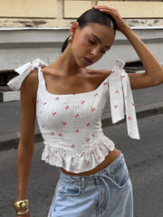 Fashion Tops欧美女士上衣印花系带短背心荷叶摆时尚一字领