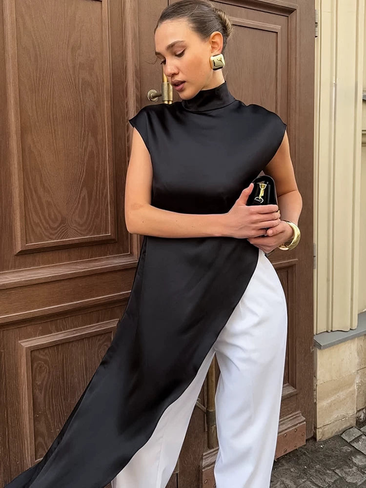 Fashion Dress欧美女士连衣裙黑色不对称高领无袖长裙时尚设计感
