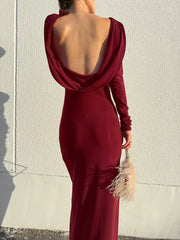 Backless Dress欧美女士连衣裙露背长袖性感长裙红色