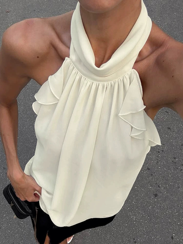 Backless Tops欧美女士背心挂脖露背荷叶边上衣春夏百搭时尚